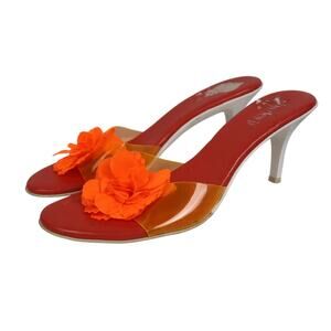 Vintage Y2K Charles David Orange Clear Vinyl Mule Sandal Heels Rosette 8.5